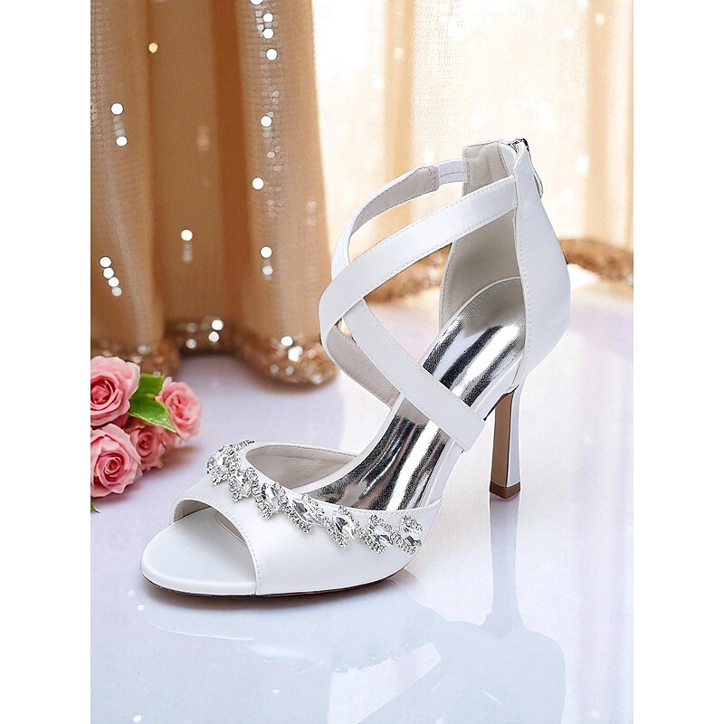 Women's Satin Rhinestone Peep Toe High Heel Sandals - Elegant Crisscross Strap Dress Shoes for Ladies, Ideal for Cocktail Parties and Formal Events2