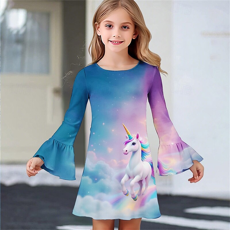 Girls' 3D Unicorn Dress Ruffle Dress Long Sleeve Summer Spring Vacation Daily Holiday Beautiful Sweet Kids 4-12 Years Casual Dress Knee-length Regular Fit