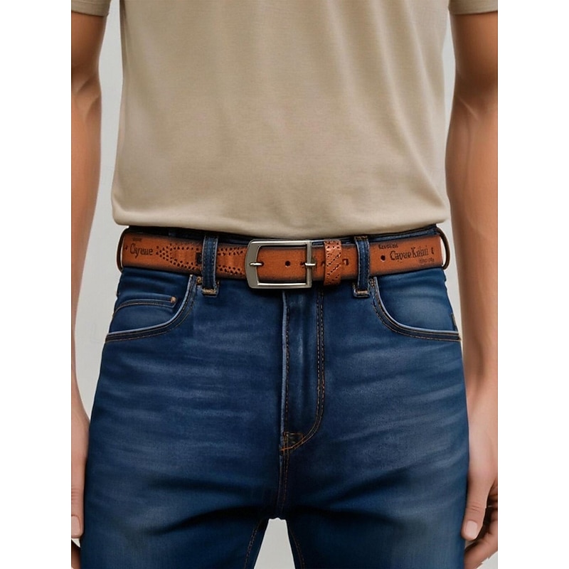 Men's Vintage Faux Leather Casual Belt - Stylish Perforated Design with Brushed Metal Buckle - Perfect for Everyday Wear and Jeans, Adjustable 43.31 Inch2