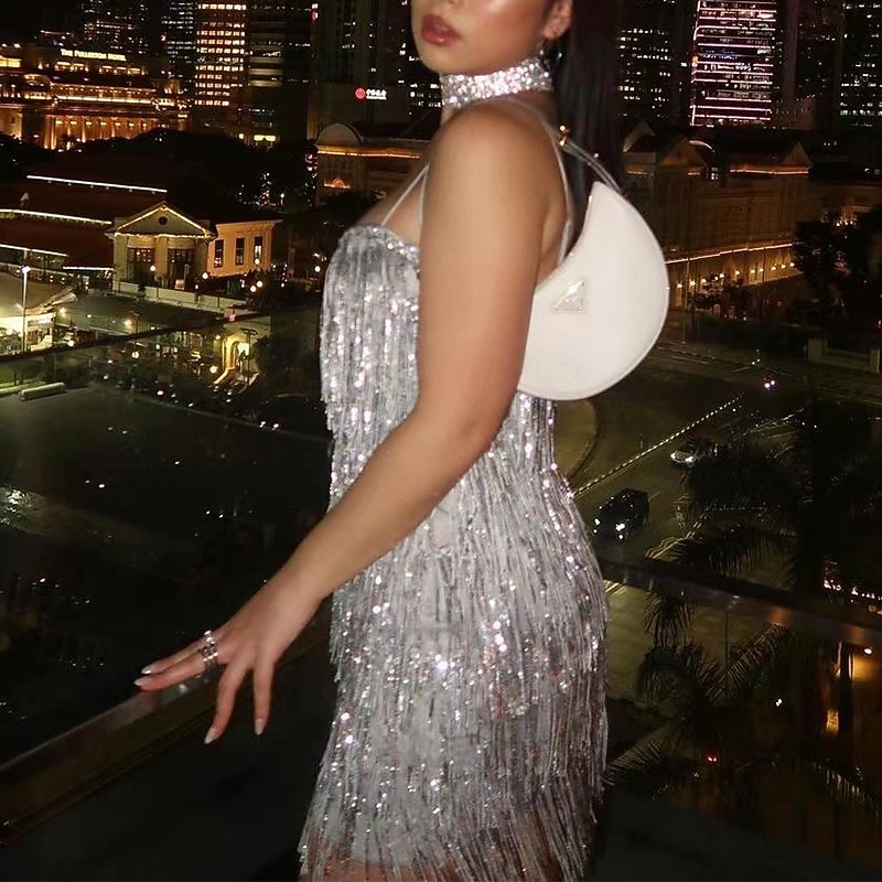 Women's Mini Dress Sequin Dress Cocktail Dress Elegant Dress Fashion Sexy Dress Evening Party Club Weekend Regular Fit Plain Sleeveless Straps Silver Summer Spring4