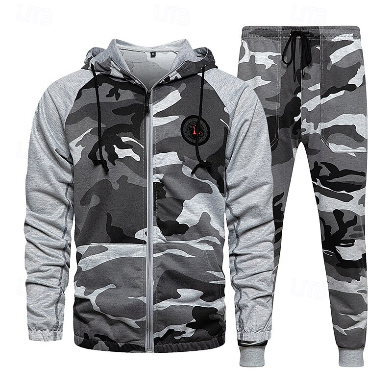 Men's Hoodie Tracksuit Full Zip Hoodie Sweatsuit Army Green Khaki Gray Hooded Camo / Camouflage 2 Piece Sports & Outdoor Daily Holiday Polyester Streetwear Basic Casual Spring Fall Clothing Apparel