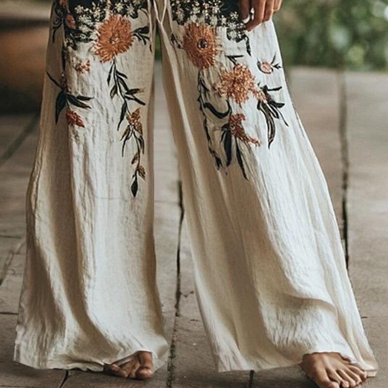 Women's Wide Leg Pants Trousers Palazzo Pants Fashion Boho Full Length High Waist Flower Elastic Waist Drawstring Print Breathability Comfortable Street Daily Wear Going out Black Spring Fall Regular3