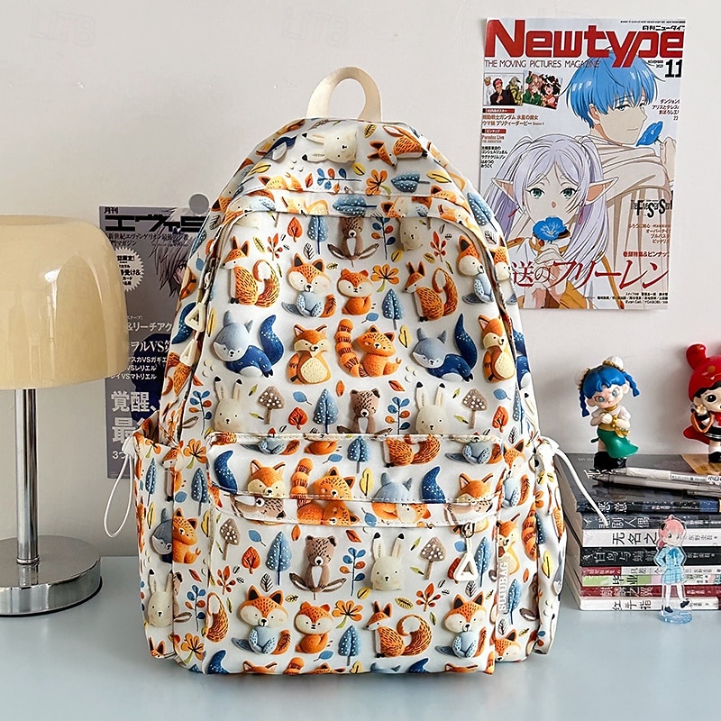 Cute Animal Print Backpack for Girls – Forest Fox and Bear Pattern School Bag with Multiple Pockets for Kids and Teen Students