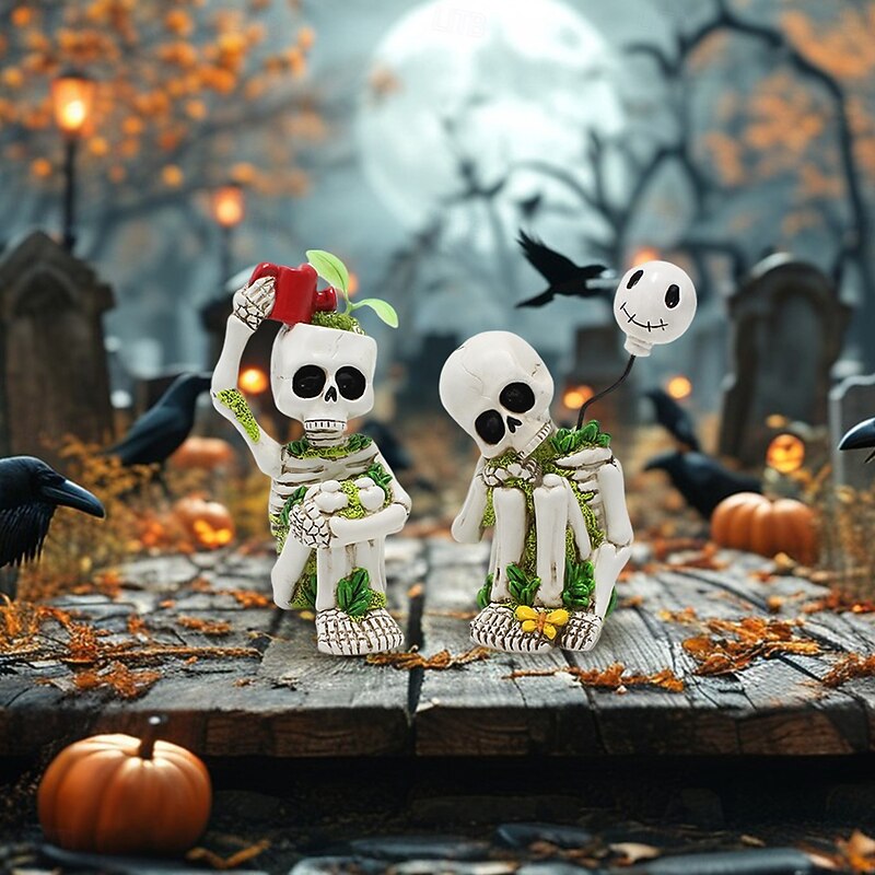 2PCS Halloween Creative Resin Thinking Skeleton Figurines Set, Spooky Outdoor Yard, Lawn, Planter, and Home Decorations2