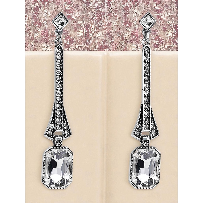 Women's 1920s Gatsby Drop Earrings - Art Deco Long Dangle Earrings with Blue Gemstones and Rhinestones for Roaring Twenties Parties4