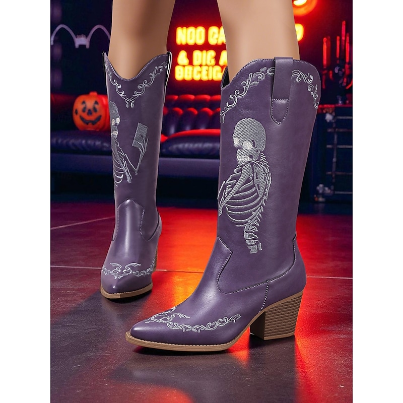 Women's Blue Western Cowboy Boots with Pink Skeleton Embroidery - Gothic Halloween Costume Mid-Calf Boots with Chunky Heel for Cosplay, Concerts, and Rock Festivals