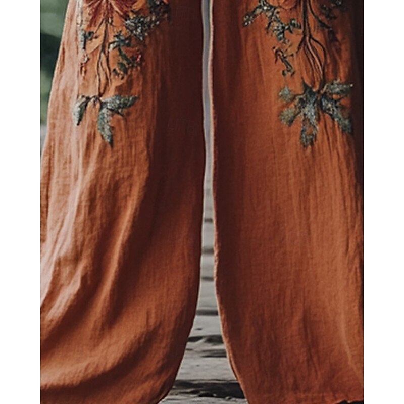 Women's Wide Leg Pants Trousers Palazzo Pants Casual Boho Full Length High Waist Flower Elastic Waist Drawstring Print Breathability Comfortable Street Daily Wear Going out Orange Spring Fall Regular3