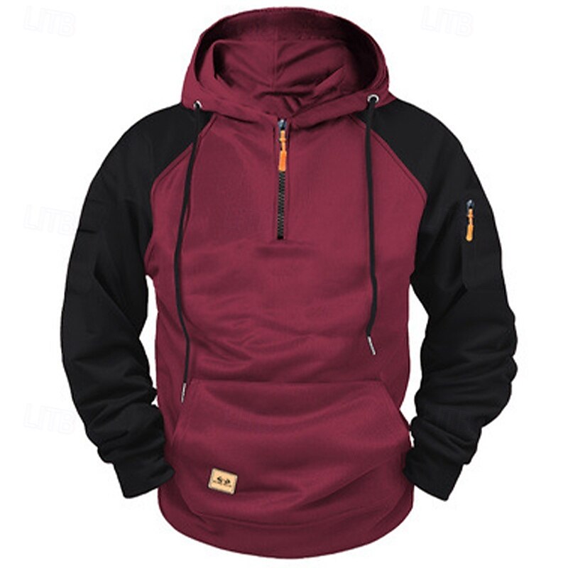 Men's Hoodie Quarter Zip Hoodie Red & Black Black Red Blue Light Grey Hooded Plain Patchwork Color Block Sports & Outdoor Casual Daily Streetwear Cool Sportswear Spring &  Fall Clothing Apparel3