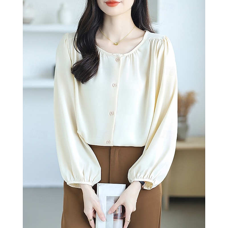 Women's Shirt Texture Blouse Plain Daily Stylish Basic Long Sleeve Crew Neck Regular Tops Work Daily Holiday Buttons Black White Beige Spring Fall3