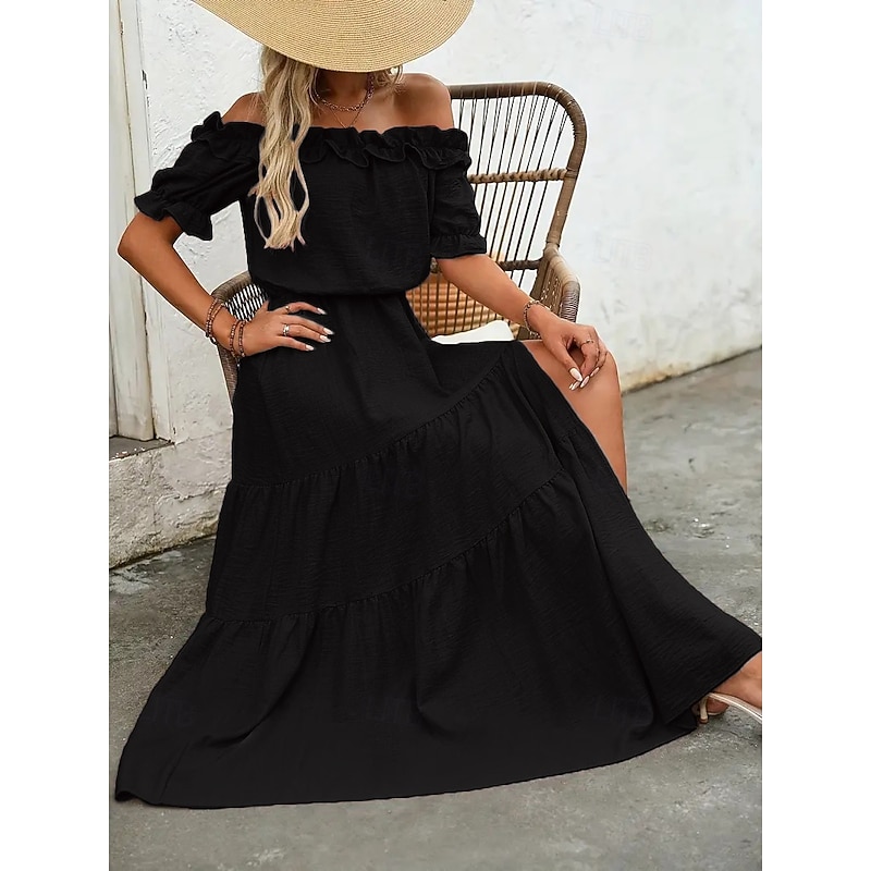 Women's Long Dress Maxi Dress Swing Dress Summer Dress Elegant Going out Summer Dress Regular Fit Pure Color Short Sleeve Off Shoulder Black Red Rose Red Apricot Summer3