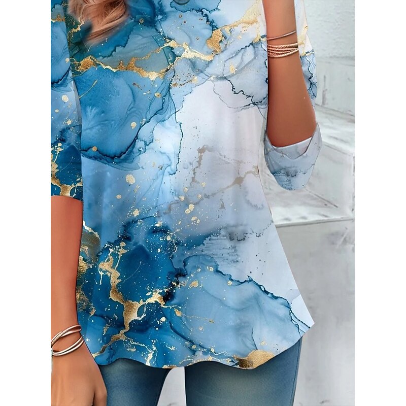 Women's T shirt Crew Neck Long Sleeve Tunic Graphic Marble Vintage Stylish  Round Neck Regular Tops Daily Print Sky Blue Fall3