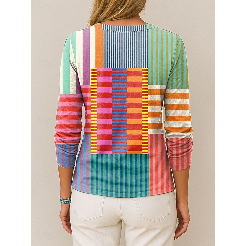 Women's T Shirt V Neck Long Sleeve Tunic Graphic Geometric Vintage Stylish Classic Regular Tops Daily Print Pink Green Summer Spring Fall2