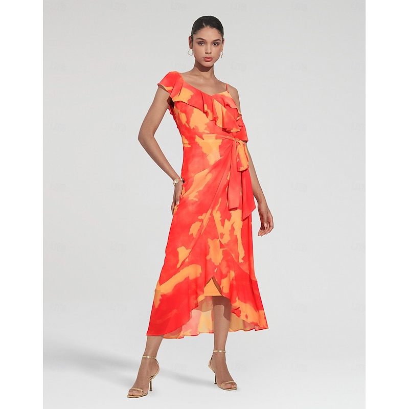 Women's Peplum Dresses Wedding Guest Midi Dress Purple Orange Short Sleeve Blooming Ruffle Front Tie Spring & Summer Asymmetrical Romantic S M L