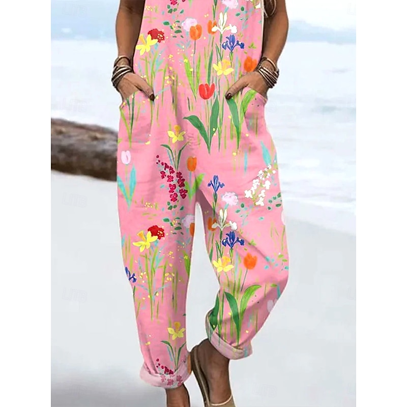 Women's Dungarees Active Floral Sleeveless Harem Drawstring with Pocket Vacation Street Loose Fit Pink Blue Purple Summer3