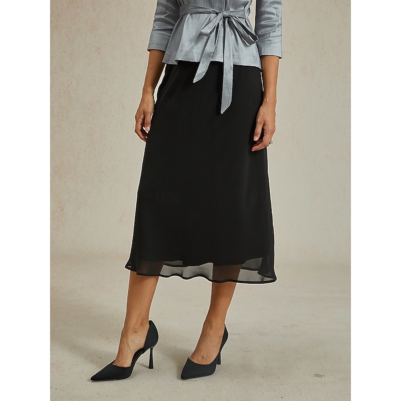 Women's Loose Elegant Midi High Waist Skirts Inelastic Black Summer Chiffon