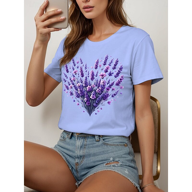 Women's T Shirt Heart Floral Graphic Vintage Stylish Classic Short Sleeve Crew Neck Round Neck Regular Tops Daily Going out Weekend Print Black White Yellow Pink Blue Summer Spring Fall