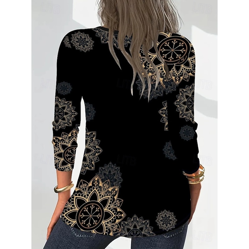 Women's T shirt Long Sleeve V Neck Long Sleeve Tunic Graphic Plants Mandala Elegant Bohemia Vintage Regular Tops Daily Going out Weekend Print Black Spring Fall Winter Prefall2