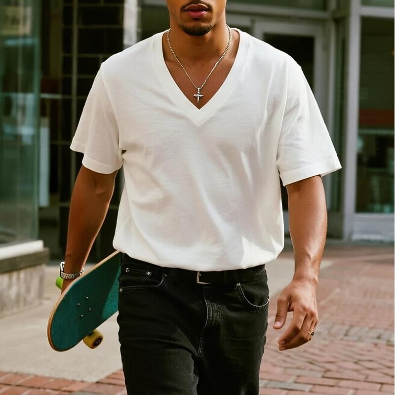 Men's T Shirt Tee Top Short Sleeve Short Sleeves V Neck Summer Plain Designer Basic Modern Contemporary Classic Style Vacation Street Casual White Green Light Grey Top Tee for Men