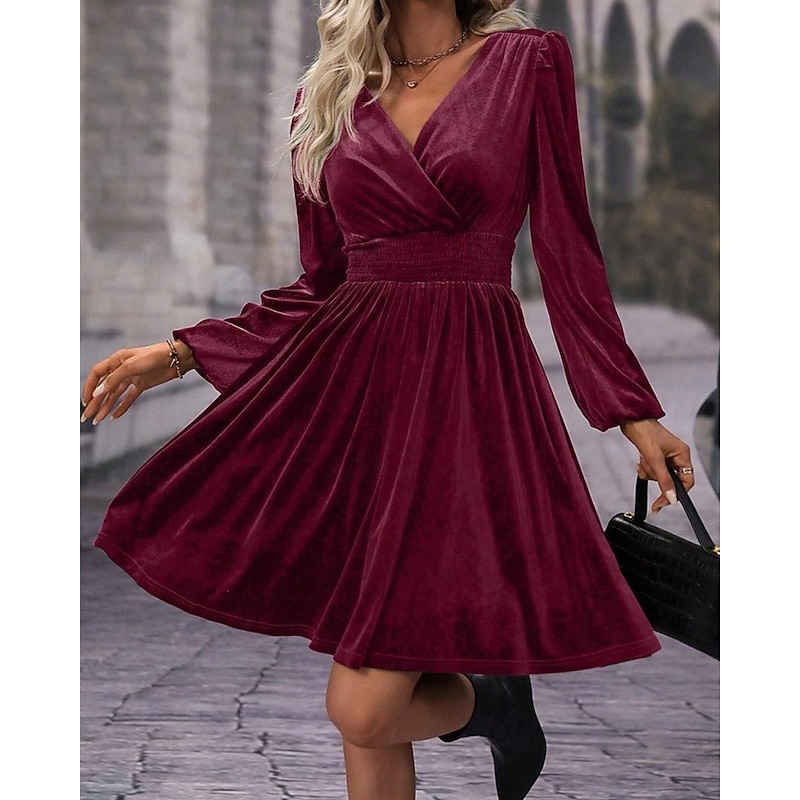 Women's Mini Dress Velvet Dress Winter Dress Cocktail Dress Fashion Modern Evening Party Weekend Regular Fit Plain Long Sleeve V Neck Black Red Green Summer