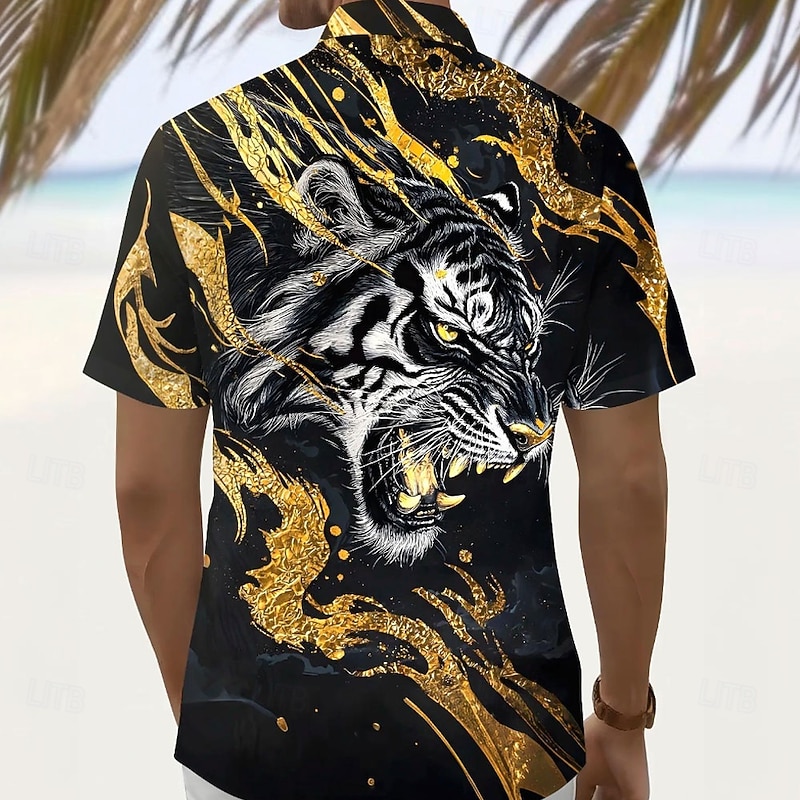Men's Roaring Animal Tiger Shirt Summer Shirt Button Up Shirt Short Sleeve Dark Outdoor Vacation Dailywear Summer Spring Turndown 3D Print Collared Shirts Front One Pocket Red Blue Gold Green2