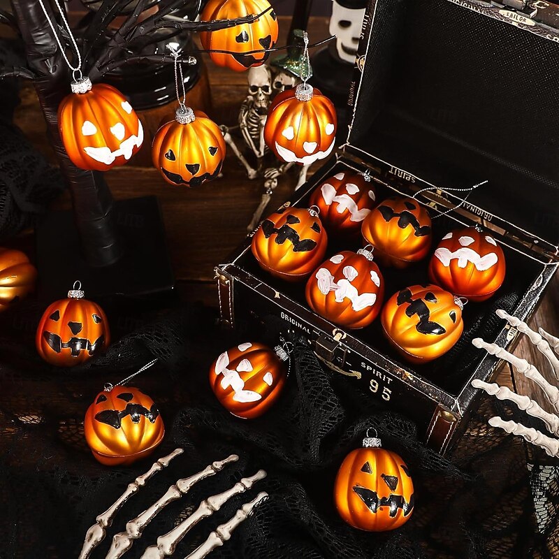 12 pcs Halloween Hanging Pumpkin Ornaments Fall Mini Ball Ornaments, 6cm Dual-Color Matte Painted Pumpkin Baubles with Happy Face for Christmas Tree, Halloween Party or Autumn Home Decor2
