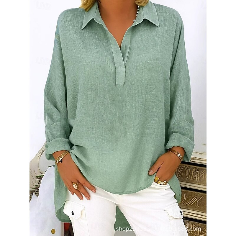 Women's Cotton Linen Shirts Solid Color Basic Casual Long Sleeve V Neck Regular Tops Daily Pink Blue Green Gray Summer Spring Fall3