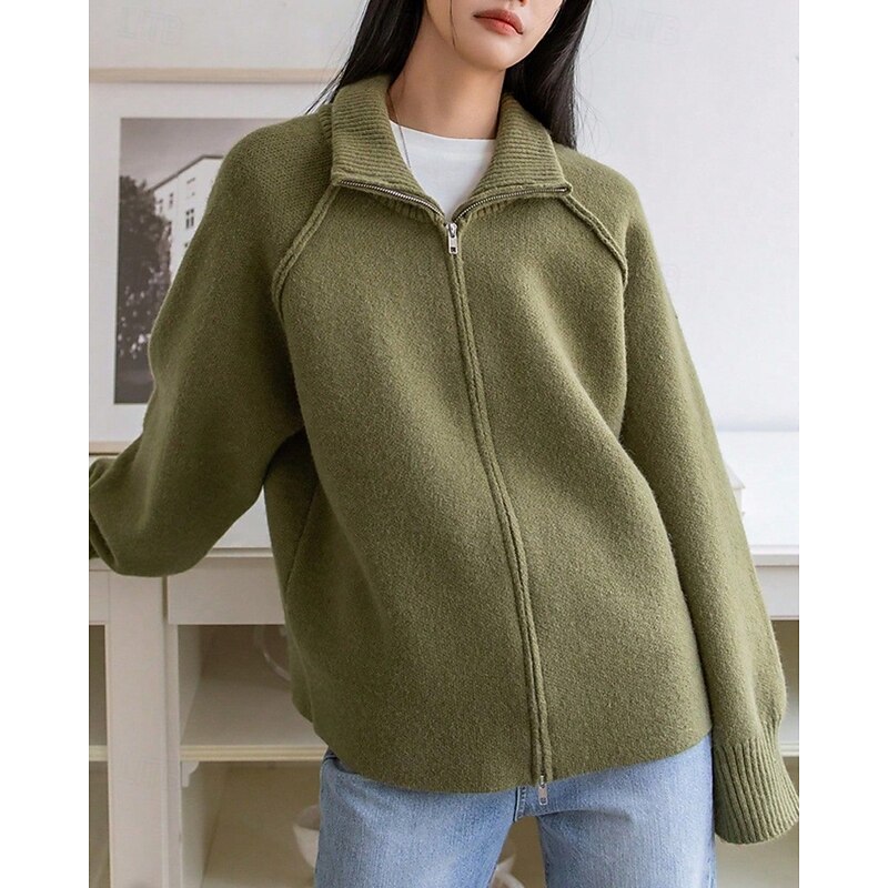 Women's Sweater Cardigan Fashion Streetwear Daily Solid Color Ribbed Turtleneck Zipper Knitted Long Sleeve Long Tops Knit Holiday Going out Weekend Navy Blue Green Fall Winter4