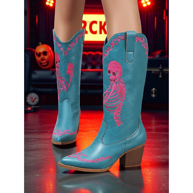 Women's Blue Western Cowboy Boots with Pink Skeleton Embroidery - Gothic Halloween Costume Mid-Calf Boots with Chunky Heel for Cosplay, Concerts, and Rock Festivals2