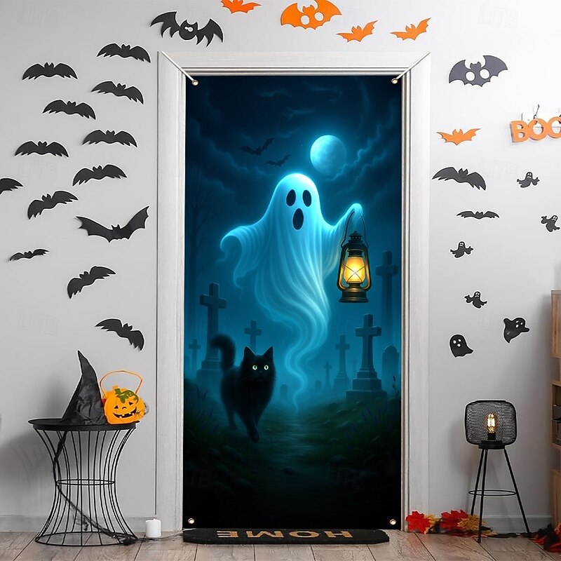 Halloween Door Cover – Cute Ghost and Black Cat in Blue Night Scene, Haunted House Entrance Banner, Spooky Outdoor & Indoor 2025 Halloween Decoration for Bedroom, Living Room, Bathroom3