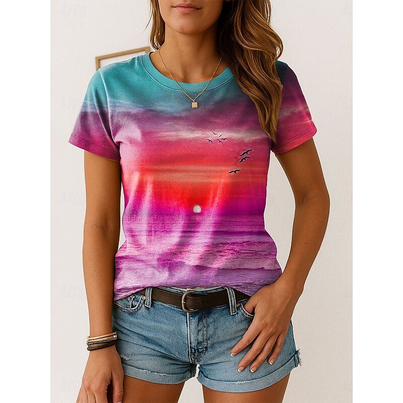 Women's T Shirt Ombre Graphic Vintage Stylish Classic Short Sleeve Crew Neck Regular Tops Daily Weekend Print Pink Blue Purple Orange Summer Spring3
