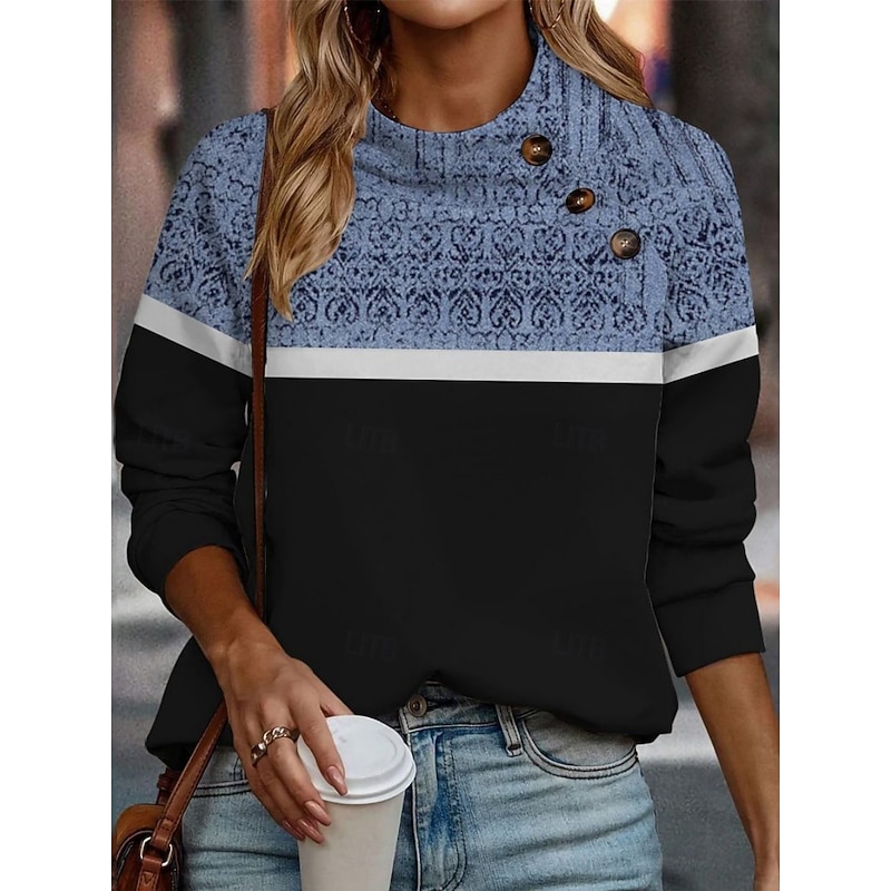 Women's Blouse Graphic Vintage Ethnic Long Sleeve High Neck Regular Tops Daily Holiday Buttons Print Black Pink Blue Summer Spring Fall