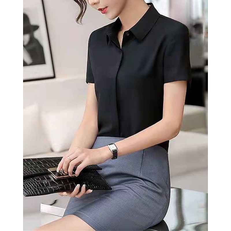 Women's Shirt Texture Blouse Plain Daily Stylish Basic Short Sleeve Shirt Collar Regular Tops Work Daily Holiday Buttons Black White Spring Fall4
