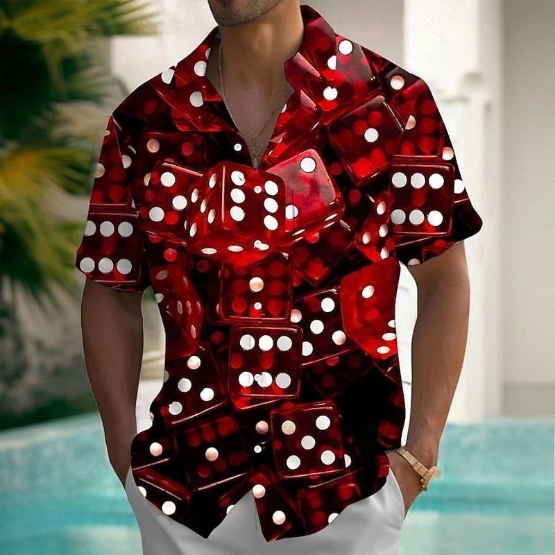 Men's Dice Shirt Summer Shirt Button Up Shirt Short Sleeve Vintage Retro Outdoor Vacation Dailywear Summer Spring Turndown 3D Print Collared Shirts Front One Pocket Red Blue