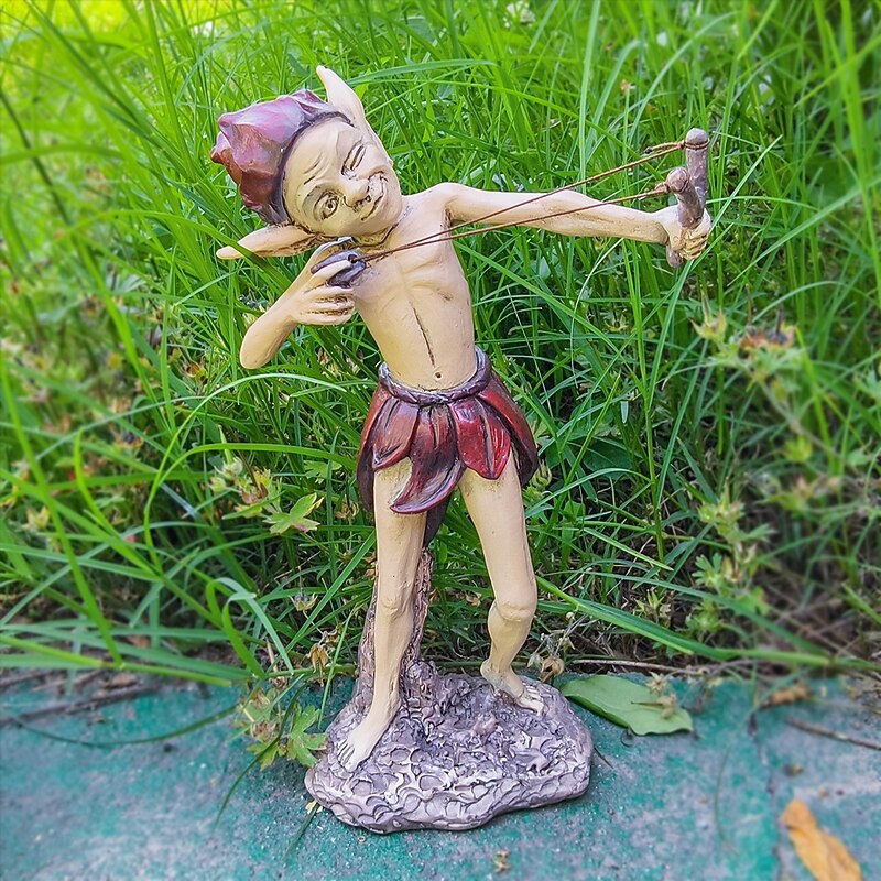 Slingshot Elf Resin Statue for Garden, Outdoor Yard Gnome Figurine, Funny Miniature Fairy Decor, Micro Landscape Ornament, Home Decoration Gift