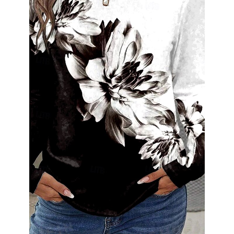 Women's T shirt Crew Neck Long Sleeve Tunic Floral Graphic Plants Vintage Stylish Classic  Round Neck Regular Tops Daily Print Black and White Fall3