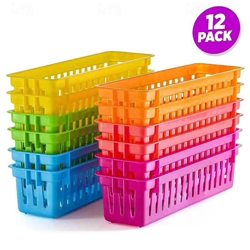 12pcs Classroom Pencil Storage Boxes Back To School Gift, Rectangular Extra-Long Plastic Desk Organizers in 6 Colors, Crayon and Stationery Holder for Teacher, Office, Home, Back to School, and Art Supplies
