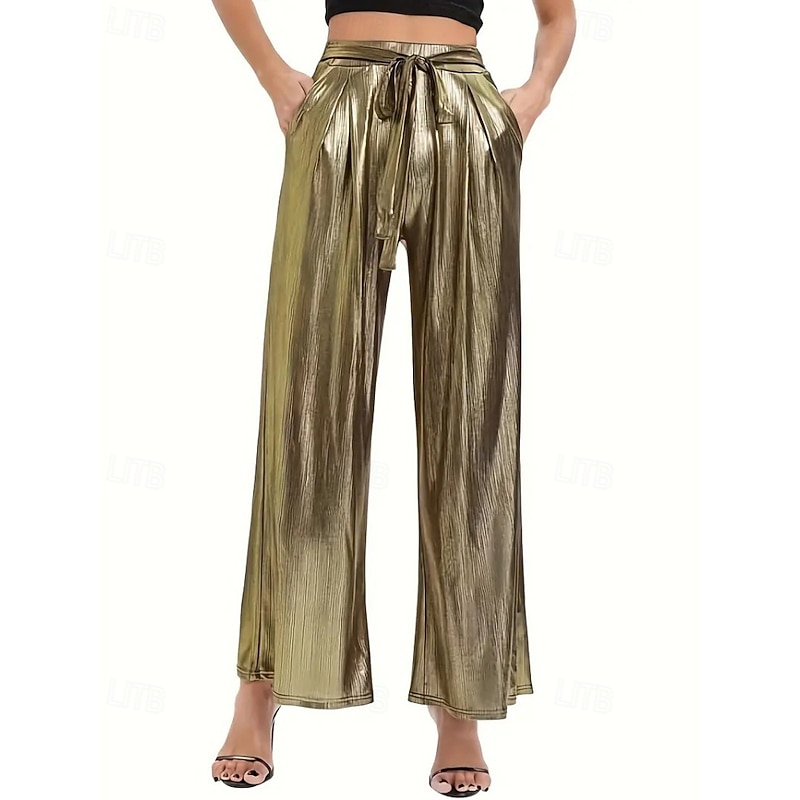 Women's Wide Leg Slacks Streetwear Casual Full Length Natural Plain Pocket Elastic Waist Comfortable Street Holiday Daily Wear Black Golden Fall Regular Fit