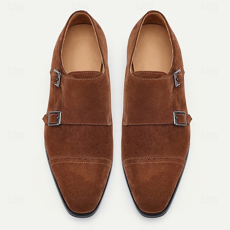Brown Suede Leather Double Monk Strap Shoes for Men – Elegant Dress Shoes with Buckle Closure, Perfect for Formal Occasions and Business Wear4