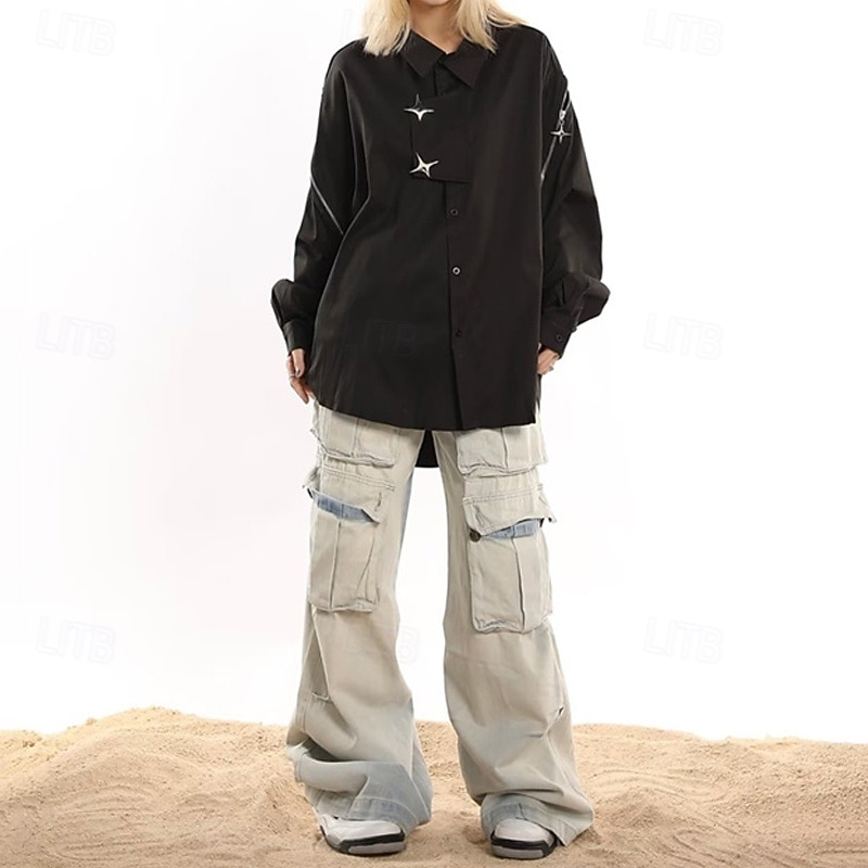 Women's Shirt Texture Blouse Plain Daily Stylish Basic Long Sleeve Shirt Collar Regular Tops Work Daily Holiday Patchwork Zipper Buttons Black White Spring Fall4