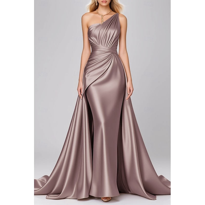 Black Mermaid Evening Gown Elegant Dress Formal Wedding Guest Floor Length Sleeveless One ShoulderDress Stretch Satin with Pleats4