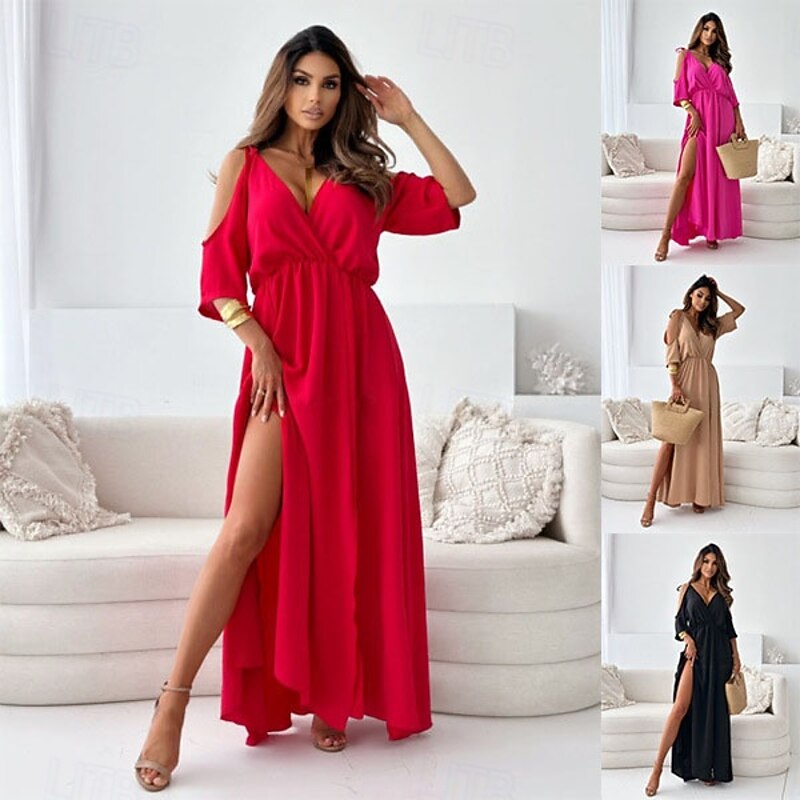 Women's Long Dress Maxi Dress Cocktail Dress Wedding Guest Dress Chiffon Swing Dress Fashion Modern Outdoor Vacation Weekend Regular Fit Plain Half Sleeve V Neck Black Red Fuchsia Summer Spring