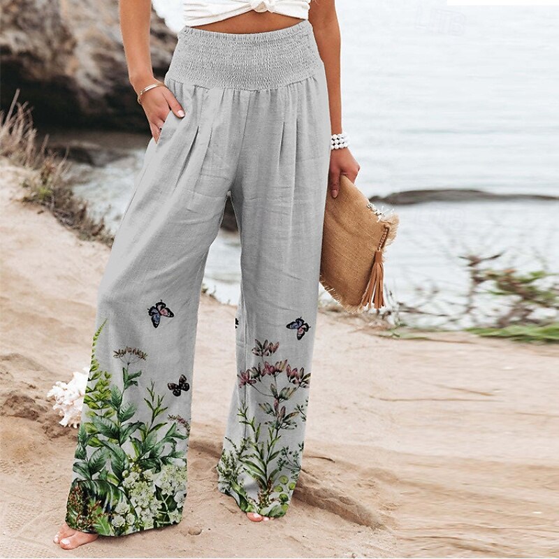 Women's Wide Leg Slacks Streetwear Casual Full Length Natural Flower Pocket Printing Comfortable Street Holiday Daily Wear Grey Pink Blue Purple Fall Regular Fit2