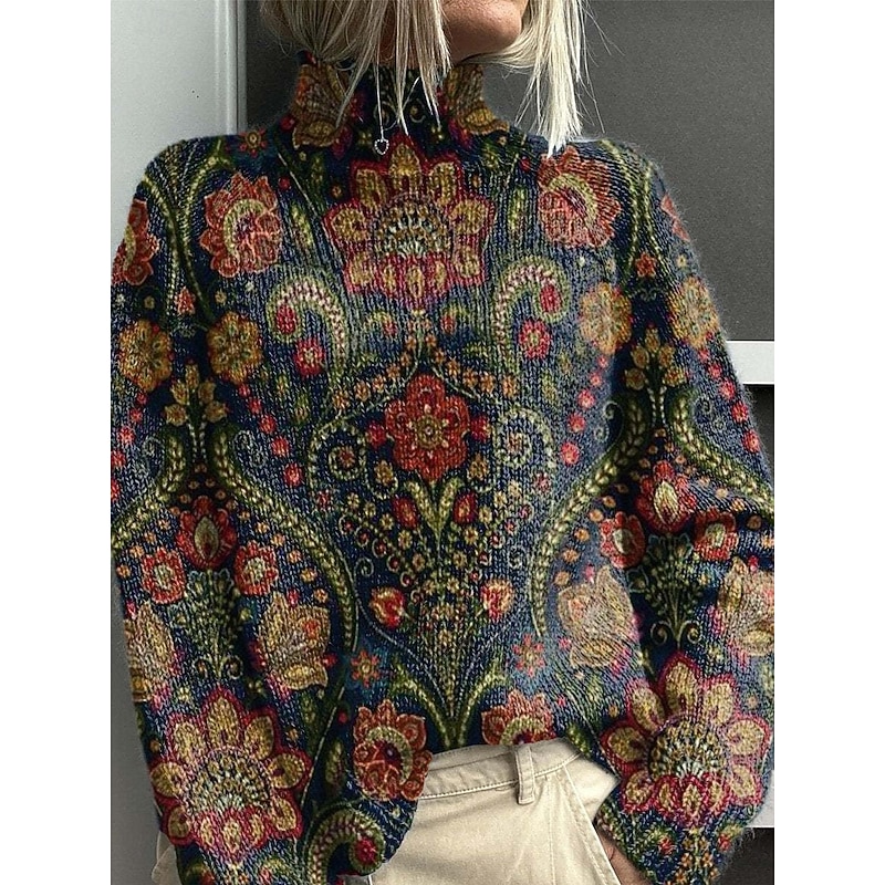 Women's Sweater Casual Soft Graphic Geometric Ribbed Turtleneck Knitted Print Long Sleeve Regular Tops Knit Outdoor Daily Weekend Wine Blue Fall Winter2
