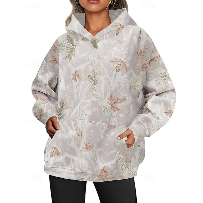 Women's Pullover Hoodie Sweatshirt Floral Streetwear Casual Long Sleeve Hooded Regular Tops Street Holiday Going out Pocket Print White Orange Green Khaki Light Grey Fall Winter3
