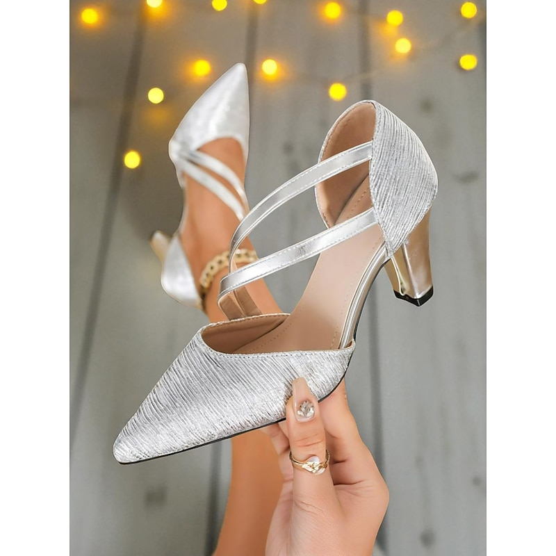 Women's Silver Strappy Pointed Toe Heels - Shiny Mid-Heel Party Shoes for Nightlife, Clubs and Evening Events2