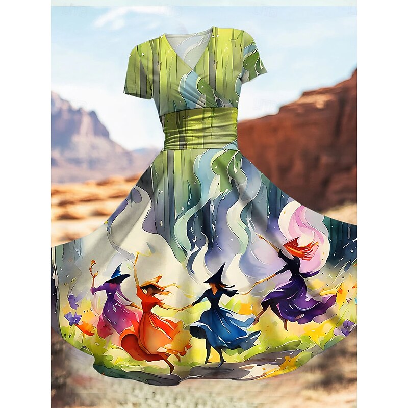 Halloween Women's Midi Dress A Line Dress Summer Dress Fit And Flare Dress Party Casual Daily Holiday Regular Fit Graphic Abstract Short Sleeve V Neck Yellow Orange Green Summer2
