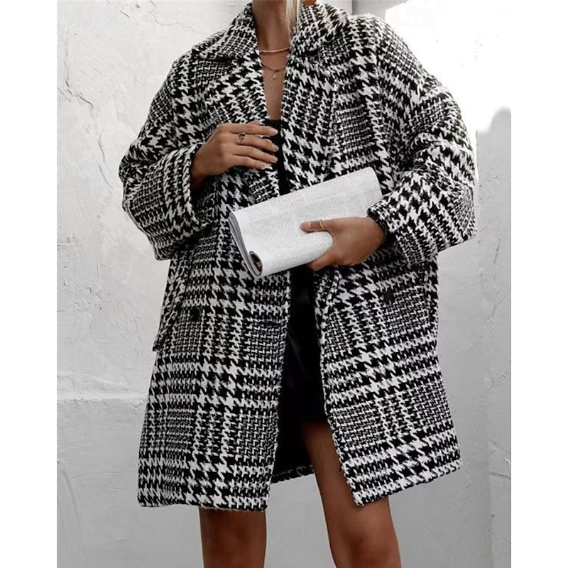 Women's Coat Casual Jacket Warm Comfortable Pocket Fashion Modern Casual Houndstooth Going out Weekend Single Breasted Long Turndown Regular Fit Long Sleeve Outerwear Black Apricot Fall Winter