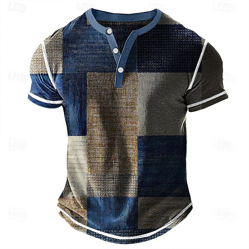 Men's Geometric Patchwork Henley Shirt Waffle T Shirt Short Sleeve Daily Retro Vintage Classic Sports Outdoor Casual Holiday Spring & Summer Blue Green Purple Brown Grey Henley Henley T-Shirt