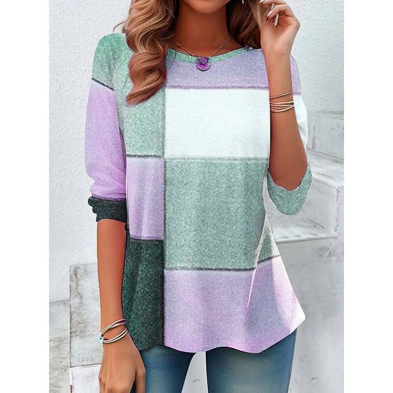Women's T shirt Crew Neck Long Sleeve Tunic Graphic Geometric Casual  Round Neck Regular Tops Daily Print Pink Purple Green Fall2