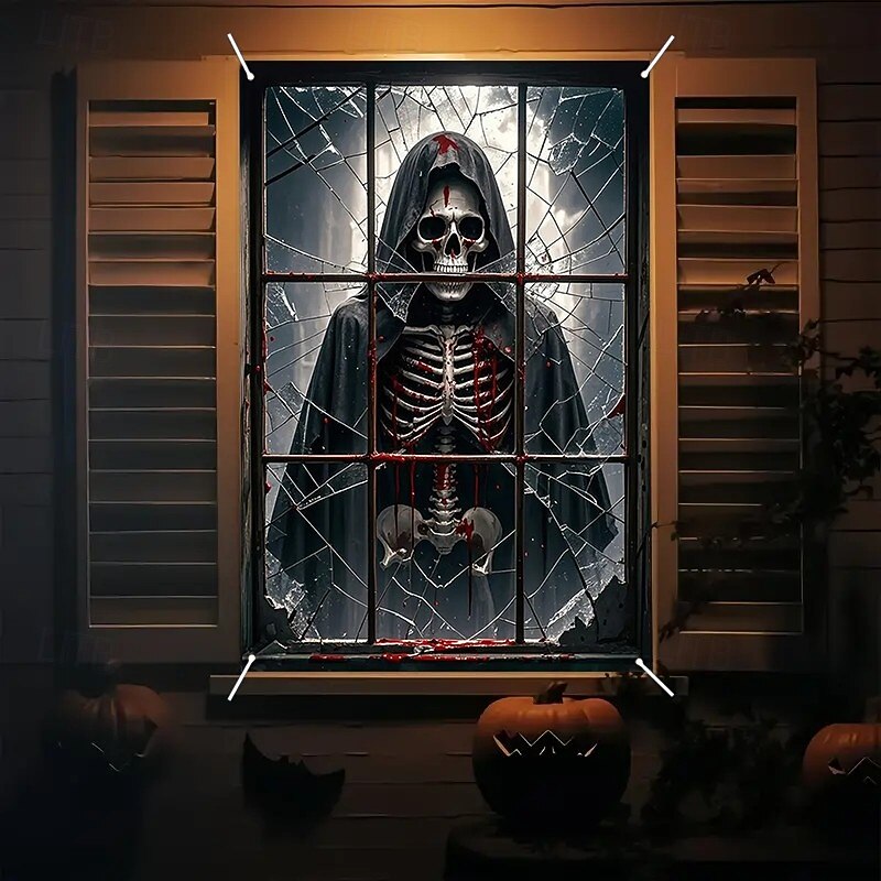 Halloween Window Curtain Skeleton in Bathtub Scene, Realistic Horror Door Cover, Window cover,  Wall Tapestry for 2025 Halloween Decoration4
